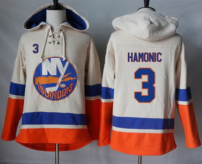 Islanders #3 Travis Hamonic Cream Sawyer Hooded Sweatshirt Stitched NHL Jersey