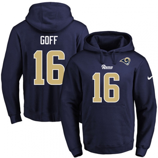 NFL Mens Nike Los Angeles Rams 16 Jared Goff Navy Blue Name Number Pullover Hoodie