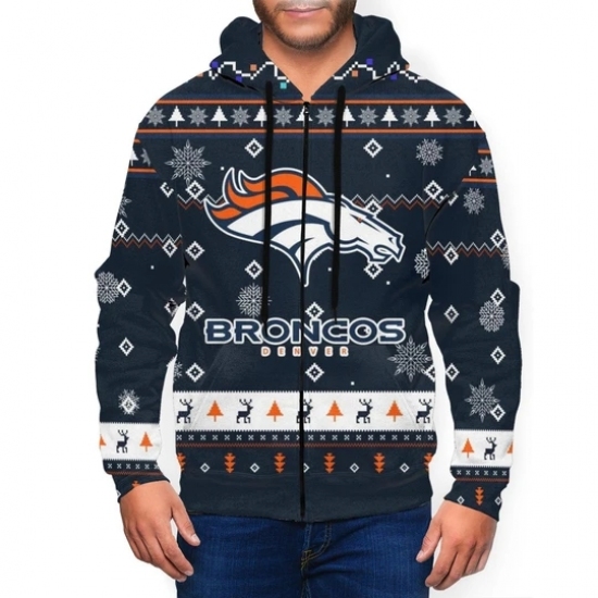 Broncos Team Christmas Ugly Mens Zip Hooded Sweatshirt