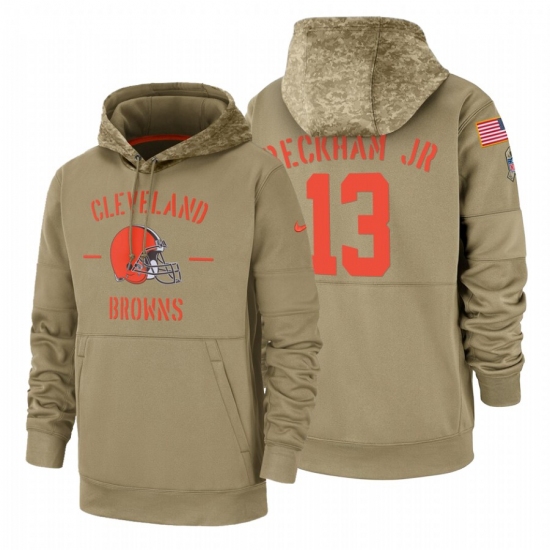 Mens Cleveland Browns 13 Odell Beckham Jr 13 2019 Salute to Service Tan Sideline Therma Pullover Hoo