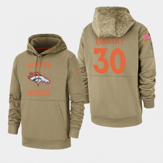 Mens Denver Broncos 30 Phillip Lindsay 2019 Salute to Service Sideline Therma Pullover Hoodie Tan