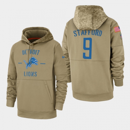 Mens Detroit Lions 9 Matthew Stafford 2019 Salute to Service Sideline Therma Pullover Hoodie Tan