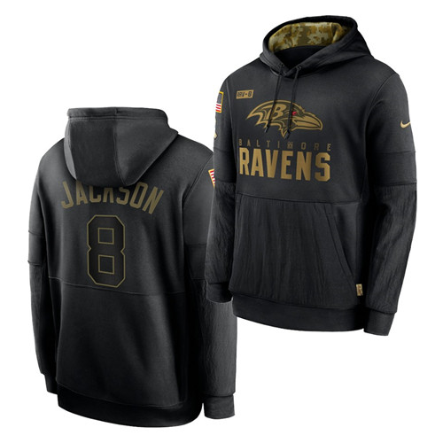 Men Baltimore Ravens 8 Lamar Jackson 2020 Salute To Service Black Sideline Performance Pullover Hood