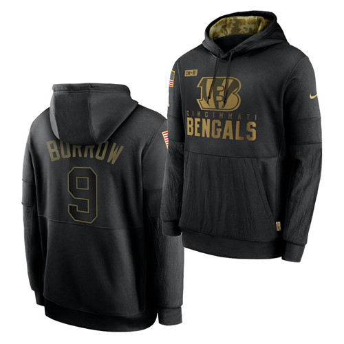 Men Cincinnati Bengals 9 Joe Burrow 2020 Salute To Service Black Sideline Performance Pullover Hoodi