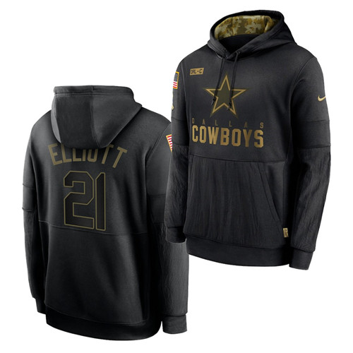 Men Dallas Cowboys 21 Ezekiel Elliott 2020 Salute To Service Black Sideline Performance Pullover Hoo