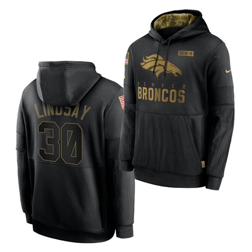 Men Denver Broncos 30 Phillip Lindsay 2020 Salute To Service Black Sideline Performance Pullover Hoo