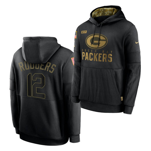 Men Green Bay Packers 12 Aaron Rodgers 2020 Salute To Service Black Sideline Performance Pullover Ho