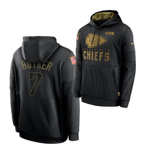 Men Kansas City Chiefs 7 Harrison Butker 2020 Salute To Service Black Sideline Performance Pullover 