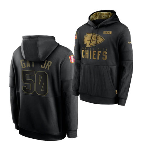 Men Kansas City Chiefs 50 Willie Gay Jr  2020 Salute To Service Black Sideline Performance Pullover 