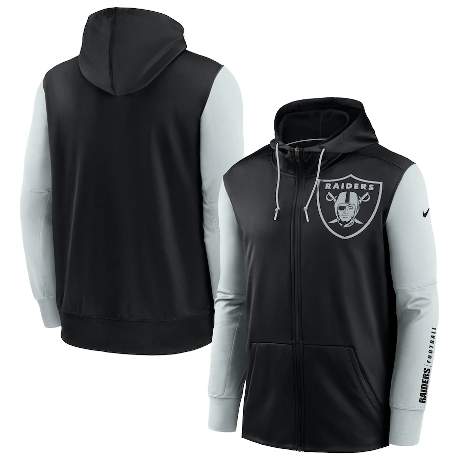 Men Las Vegas Raiders Black Silver Fan Gear Mascot Performance Full Zip Hoodie