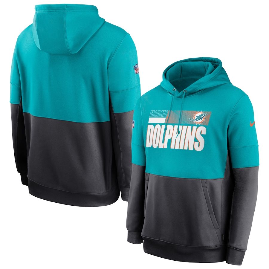 Men Miami Dolphins Nike Sideline Impact Lockup Performance Pullover Hoodie Aqua Charcoal