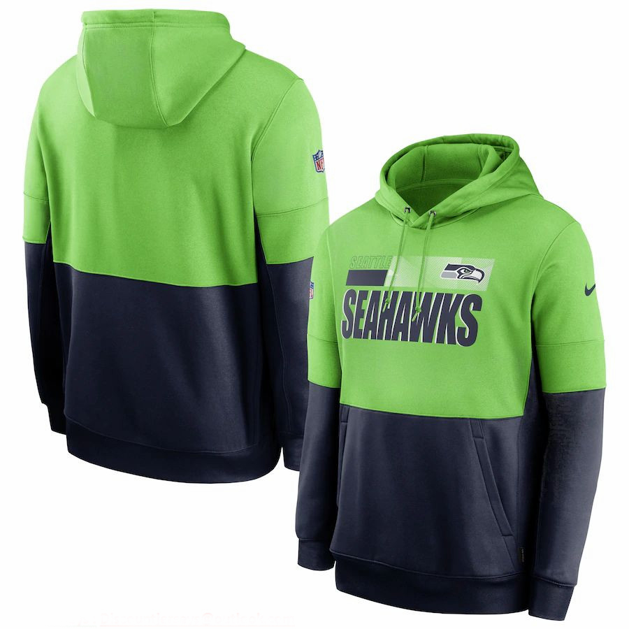 Men Seattle Seahawks Nike Sideline Impact Lockup Performance Pullover Hoodie Neon Green College Navy