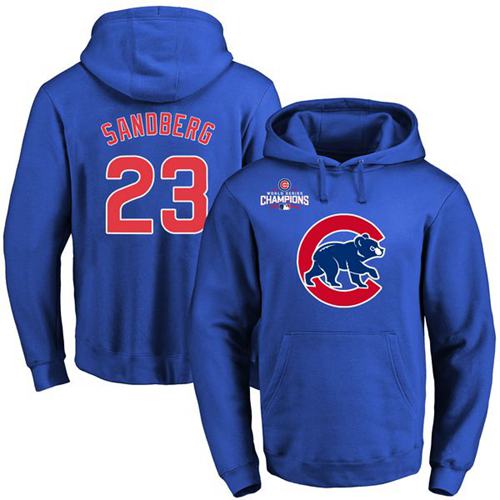 Men Chicago Cubs 23 Ryne Sandberg Blue 2016 World Series Champions Primary Logo Pullover MLB Hoodie