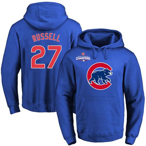 Men Chicago Cubs 27 Addison Russell Blue 2016 World Series Champions Primary Logo Pullover MLB Hoodi