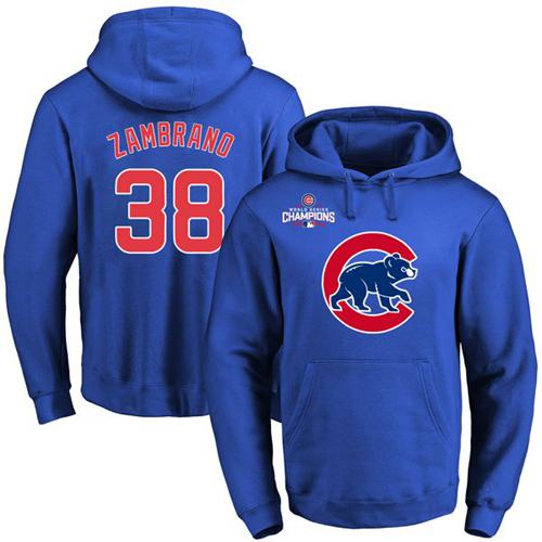 Men Chicago Cubs 38 Carlos Zambrano Blue 2016 World Series Champions Primary Logo Pullover MLB Hoodi