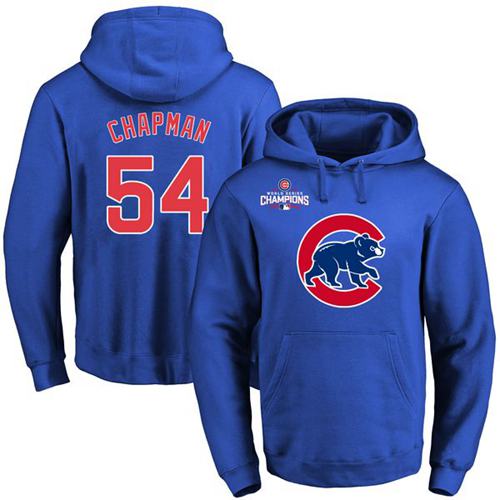 Men Chicago Cubs 54 Aroldis Chapman Blue 2016 World Series Champions Primary Logo Pullover MLB Hoodi