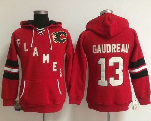 Calgary Flames 13 Johnny Gaudreau Red Women Old Time Heidi NHL Hoodie