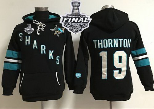 San Jose Sharks 19 Joe Thornton Black 2016 Stanley Cup Final Patch Women Old Time Heidi Hoodie NHL H