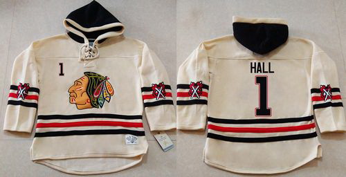 Men Chicago Blackhawks 1 Glenn Hall Cream Heavyweight Pullover Hoodie Stitched NHL Jersey