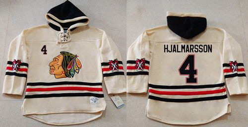 Men Chicago Blackhawks 4 Niklas Hjalmarsson Cream Heavyweight Pullover Hoodie Stitched NHL Jersey