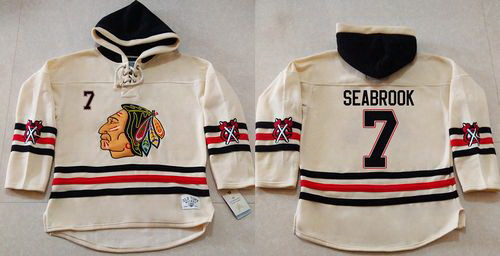 Men Chicago Blackhawks 7 Brent Seabrook Cream Heavyweight Pullover Hoodie Stitched NHL Jersey