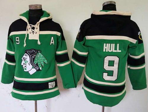 Men Chicago Blackhawks 9 Bobby Hull Green St  Patrick Day McNary Lace Hoodie Stitched NHL Jersey