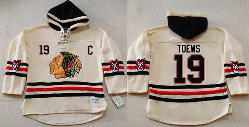 Men Chicago Blackhawks 19 Jonathan Toews Cream Heavyweight Pullover Hoodie Stitched NHL Jersey