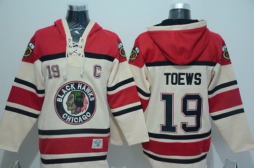 Men Chicago Blackhawks 19 Jonathan Toews Cream Sawyer Hooded Sweatshirt Stitched NHL Jersey