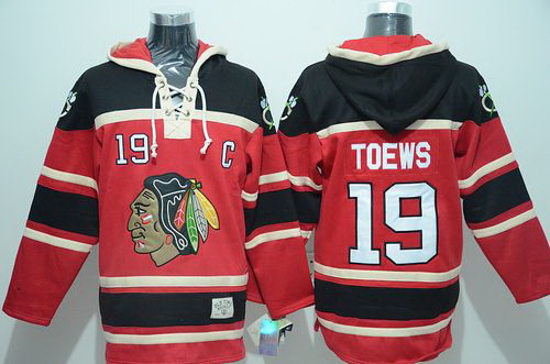 Men Chicago Blackhawks 19 Jonathan Toews Red Sawyer Hooded Sweatshirt Stitched NHL Jersey