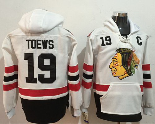 Men Chicago Blackhawks 19 Jonathan Toews White Name  26 Number Pullover NHL Hoodie