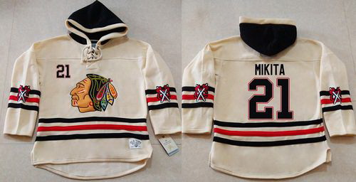 Men Chicago Blackhawks 21 Stan Mikita Cream Heavyweight Pullover Hoodie Stitched NHL Jersey