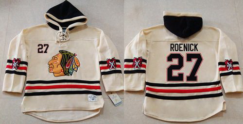 Men Chicago Blackhawks 27 Jeremy Roenick Cream Heavyweight Pullover Hoodie Stitched NHL Jersey