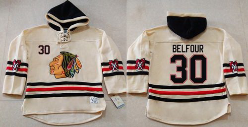 Men Chicago Blackhawks 30 ED Belfour Cream Heavyweight Pullover Hoodie Stitched NHL Jersey