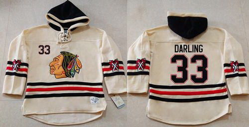 Men Chicago Blackhawks 33 Scott Darling Cream Heavyweight Pullover Hoodie Stitched NHL Jersey