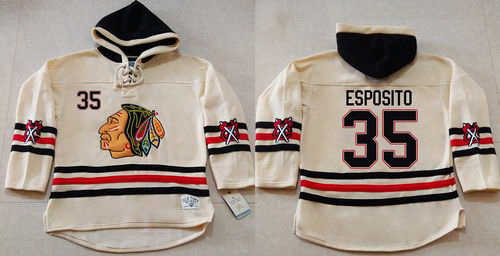 Men Chicago Blackhawks 35 Tony Esposito Cream Heavyweight Pullover Hoodie Stitched NHL Jersey