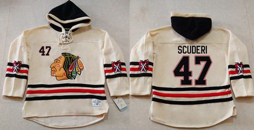 Men Chicago Blackhawks 47 Rob Scuderi Cream Heavyweight Pullover Hoodie Stitched NHL Jersey