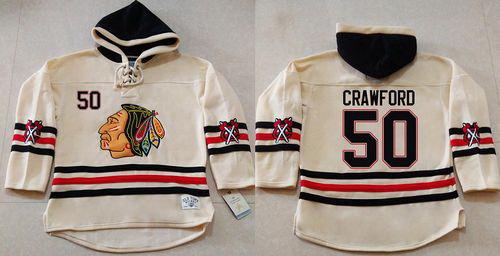 Men Chicago Blackhawks 50 Corey Crawford Cream Heavyweight Pullover Hoodie Stitched NHL Jersey