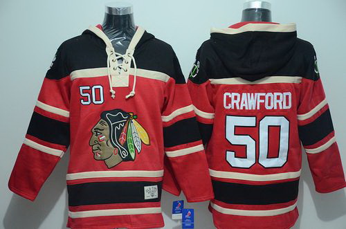 Men Chicago Blackhawks 50 Corey Crawford Red Sawyer Hooded Sweatshirt Stitched NHL Jersey