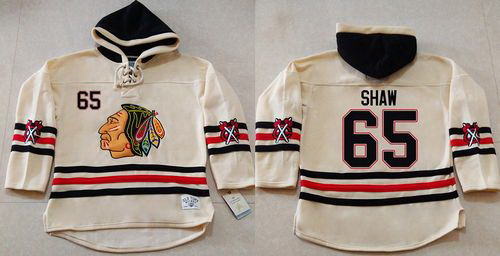 Men Chicago Blackhawks 65 Andrew Shaw Cream Heavyweight Pullover Hoodie Stitched NHL Jersey