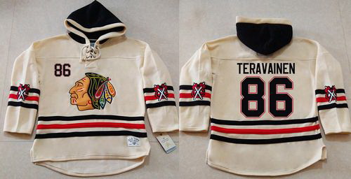 Men Chicago Blackhawks 86 Teuvo Teravainen Cream Heavyweight Pullover Hoodie Stitched NHL Jersey