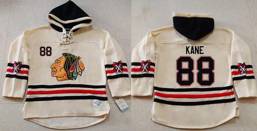 Men Chicago Blackhawks 88 Patrick Kane Cream Heavyweight Pullover Hoodie Stitched NHL Jersey