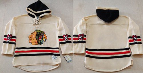 Men Chicago Blackhawks Blank Cream Heavyweight Pullover Hoodie Stitched NHL Jersey