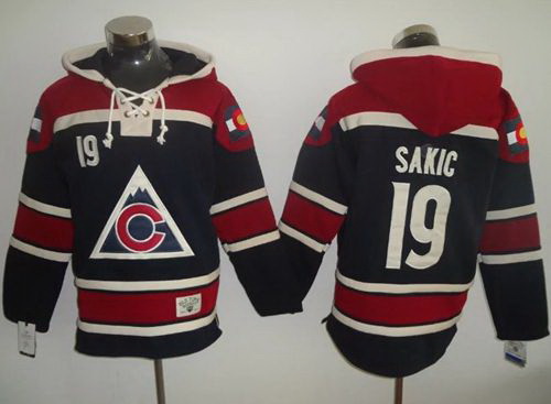 Men Colorado Avalanche 19 Joe Sakic Navy Blue Sawyer Hooded Sweatshirt Stitched NHL Jersey