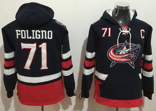 Men Columbus Blue Jackets 71 Nick Foligno Navy Blue Name  26 Number Pullover NHL Hoodie