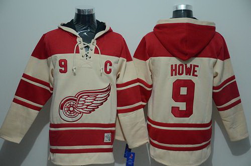 Men Detroit Red Wings 9 Gordie Howe Cream Sawyer Hooded Sweatshirt Stitched NHL Jersey