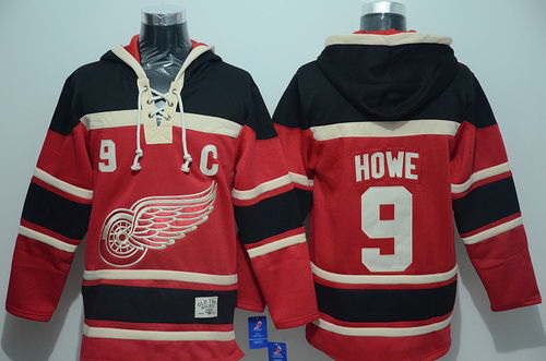 Men Detroit Red Wings 9 Gordie Howe Red Sawyer Hooded Sweatshirt Stitched NHL Jersey