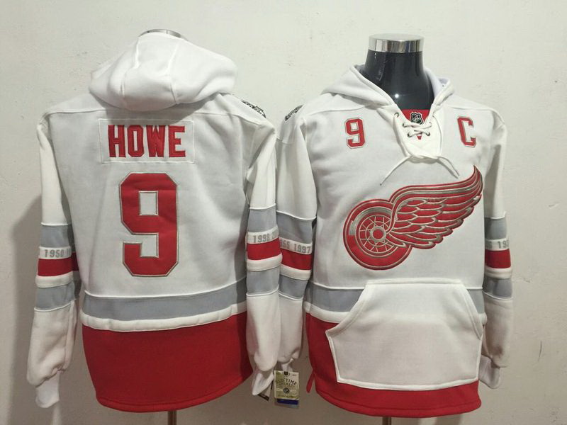Men Detroit Red Wings 9 Gordie Howe White All Stitched Hooded Sw