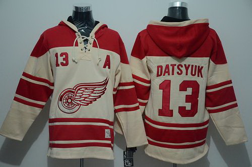 Men Detroit Red Wings 13 Pavel Datsyuk Cream Sawyer Hooded Sweatshirt Stitched NHL Jersey