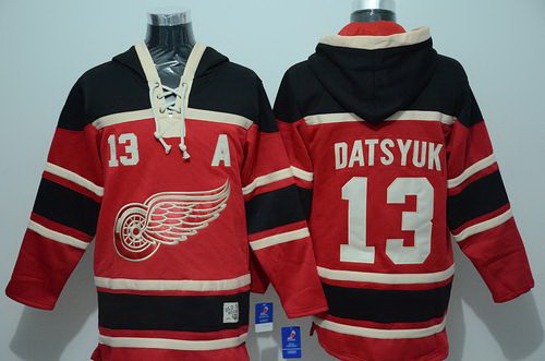 Men Detroit Red Wings 13 Pavel Datsyuk Red Sawyer Hooded Sweatshirt Stitched NHL Jersey