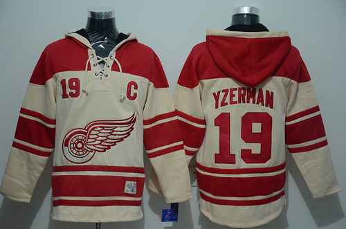 Men Detroit Red Wings 19 Steve Yzerman Cream Sawyer Hooded Sweatshirt Stitched NHL Jersey